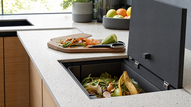 Integrated countertop compost bin filled with organic food waste in modern kitchen