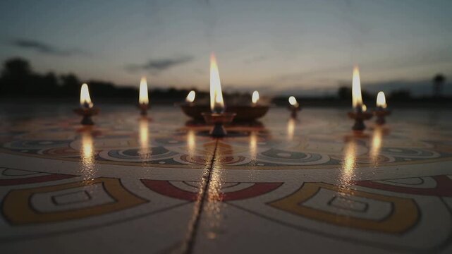 Capturing clustered lit diyas flickering with wicks burning, camera pulling back on rangoli at dusk