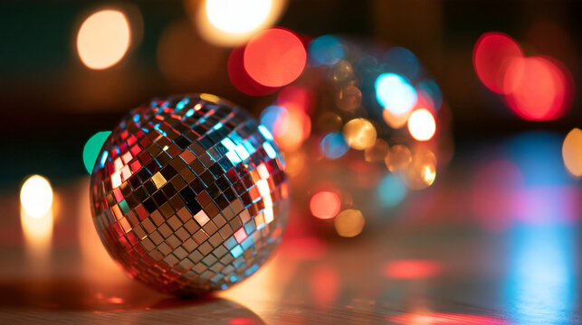 Disco balls on a table creating a vibrant and energetic atmosphere, with copy space