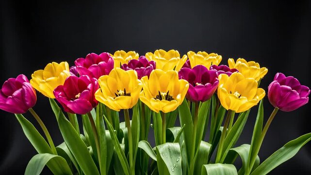 Bright yellow and purple tulips are arranged in a garden setting.