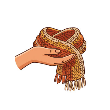 Hand Holding Warm Knitted Scarf Autumn and Winter Cozy Concept