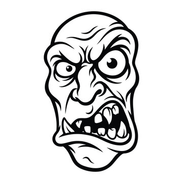 Vector illustration of a fierce and angry cartoon face with bared teeth and aggressive expression in black and white