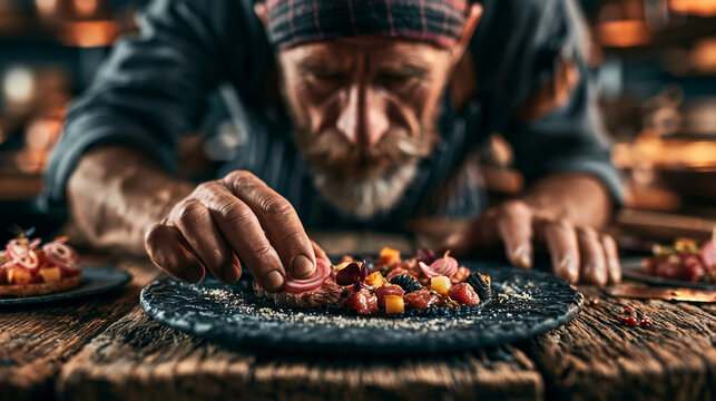 Professional chef garnishing a gourmet dish in a restaurant kitchen with food prepara