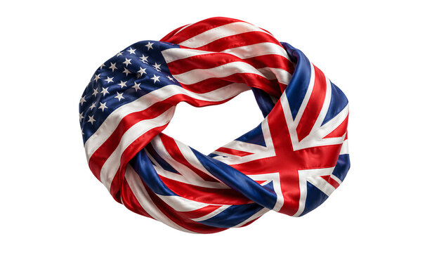 American and british flags intertwined in circular loop for transatlantic partnership.