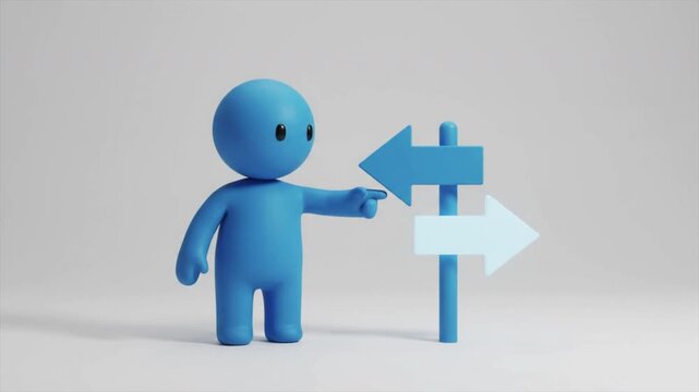 3D Blue Character Pointing at Two Way Direction Road Signpost