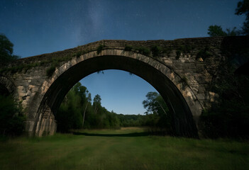 Naklejka premium Heritage and history concept, ancient stone bridge arch at night with starry sky and milky way over rural landscape and green meadow in summer