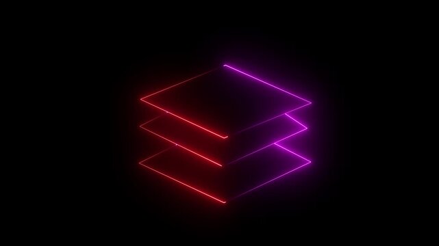 neon stacked layers icon on black background,