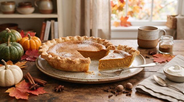 Homemade pumpkin pie with one slice cut on speckled plate, whipped cream, cinnamon sticks, nutmeg and autumn pumpkins on rustic table