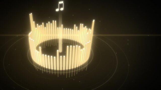 Golden 3D circular spectrum columns building up with music note