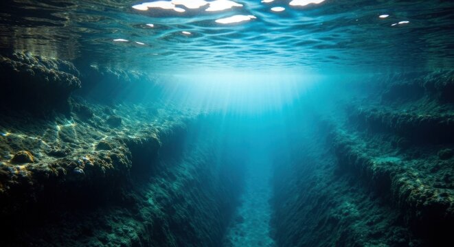 Sunbeams illuminate a deep underwater chasm between rocky formations, creating a mystical, blue-hued scene