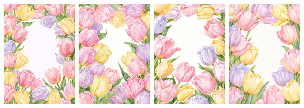 Set of four watercolor decorative frame borders of soft pastel pink, yellow and lavender tulip blooms, Easter & Spring theme, large empty white copy space in center