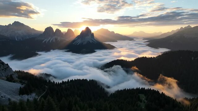 Sunrise lights up the Dolomites mountains. A thick layer of clouds
