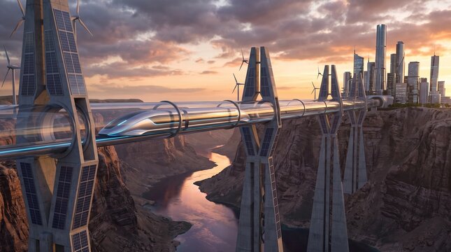 Futuristic hyperloop train crossing a massive elevated bridge above a canyon, combining vacuum travel, renewable infrastructure, high-speed mobility and smart engineering.