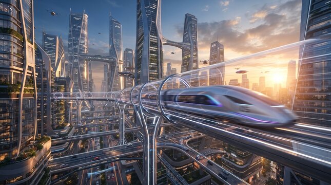 Futuristic hyperloop train traveling through a transparent vacuum tube above a smart megacity, representing ultra-fast transportation, innovation and future mobility.