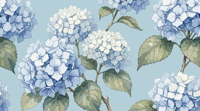 Watercolor Blue and White Hydrangea Flower Illustration with Green Leaves on Soft Blue Background