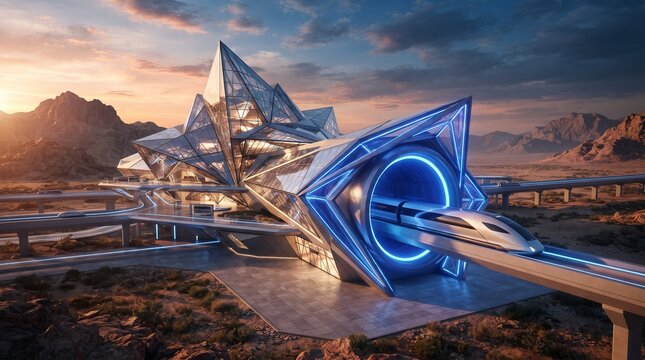 Futuristic hyperloop terminal with a sleek vacuum train entering a crystalline station, visualizing high-speed mobility, smart infrastructure and advanced transportation.