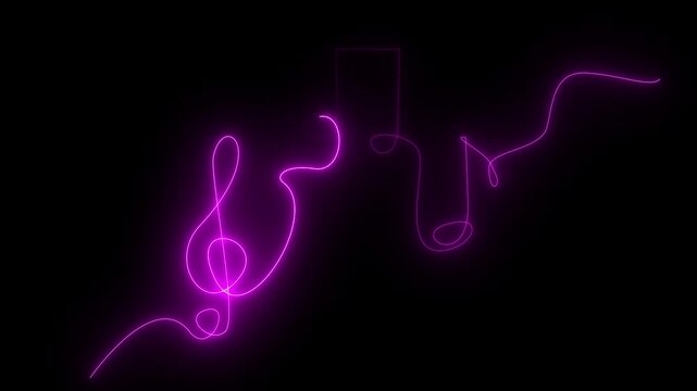 Continuous single line animation of glowing purple neon musical notes and treble clef on black background, perfect for music videos, audio visualizers, concerts, DJ events