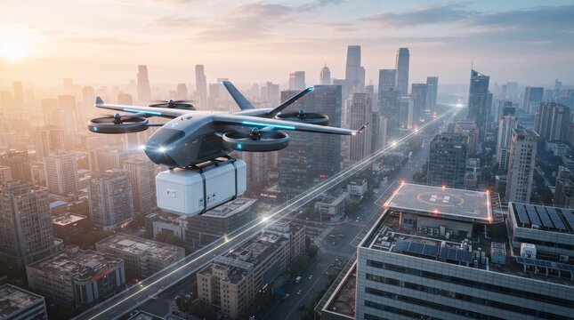 Futuristic cargo drone transporting a sealed supply container above an urban district, illustrating rapid autonomous logistics, aerial delivery and emergency transportation.