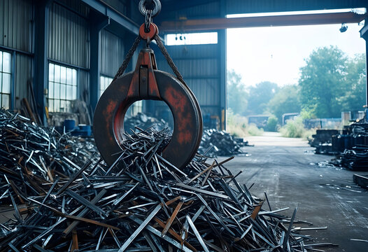 Industrial recycling and metal scrap management, heavy crane magnet lifting steel waste in a manufacturing plant for sustainable circular economy production