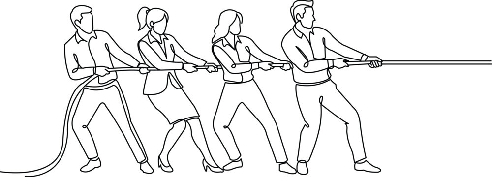 Minimalist continuous line drawing of several coworkers pulling the same rope toward a common direction