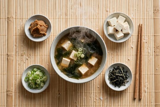 Miso soup ingredients flat lay with tofu wakame and miso paste