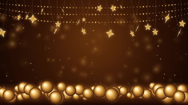 Luxury Gold Christmas Background with Hanging Glowing Stars and Festive Ornaments for Holiday Events