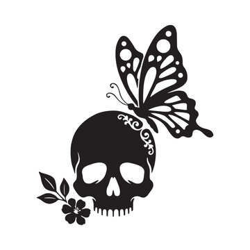 Skull with butterfly and floral stem black silhouette on white background