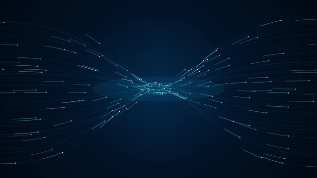Seamless 4K loop of glowing fiber optic data streams converging into a central bottleneck. Futuristic deep learning, network routing, and AI data processing hourglass concept.