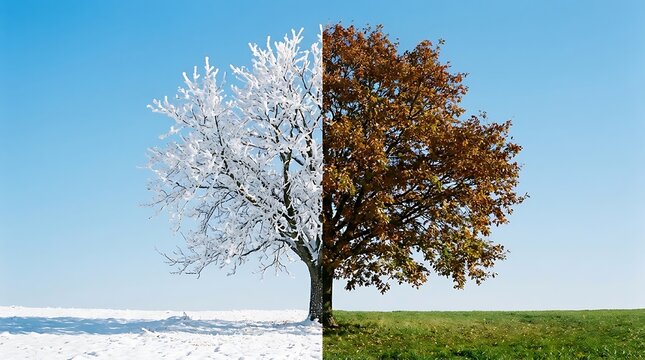 Split concept showing a single tree transitioning from winter snow and ice to autumn foliage and green grass