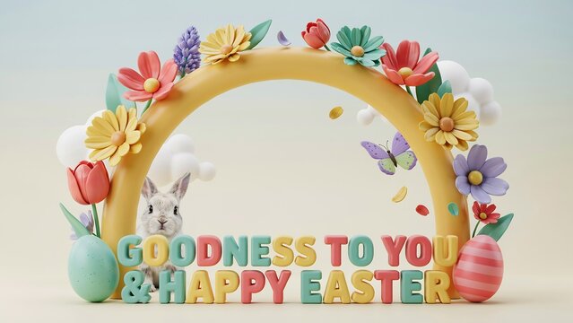 3D rendered easter greeting featuring a cute bunny, colorful flowers, painted eggs, and festive text on a soft pastel background