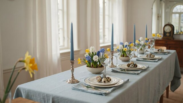 A dining table set for easter with blue linen tablecloth, blue candles, spring flowers, and quail eggs on white plates