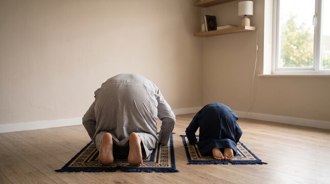 Father and son are praying on rugs in a domestic setting