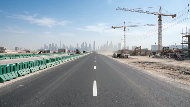 New road leading to a modern city skyline, flanked by ongoing construction and urban development