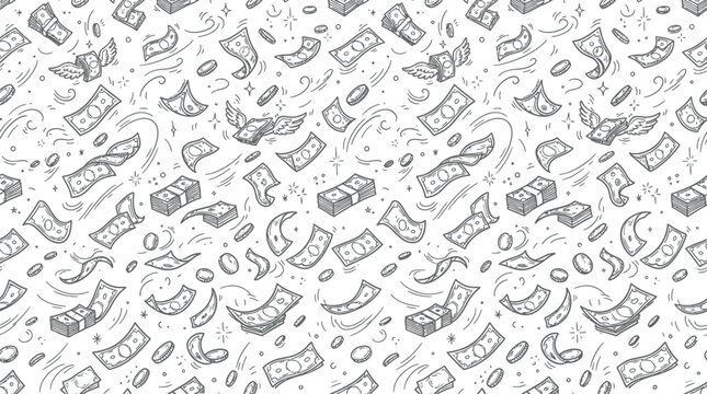 Seamless Money Rain Pattern with Falling Dollar Bills, Flying Cash with Wings, and Coins Hand Drawn Doodle Vector for Financial and Wealth Background Designs