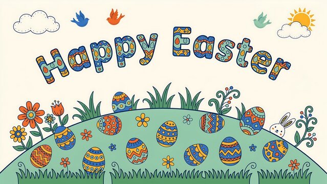 Hand drawn of easter eggs in a grassy meadow with birds and clouds and happy easter text above