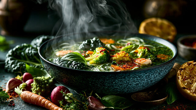 Hot vegetable soup in a rustic ceramic bowl with steam steaming bowl organic vegeta
