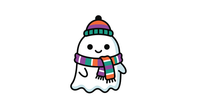 Cute little ghost wearing warm winter hat and colorful striped scarf vector graphic illustration design