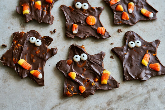 Festive Halloween chocolate Boo bark decorated with spooky elements, making a fun homemade sweet treat for Halloween parties and seasonal celebrations