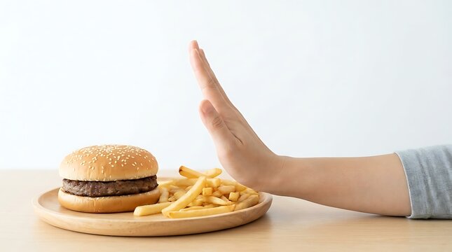 Person making a stop gesture with their hand to refuse junk food, hamburger, and french fries on a plate