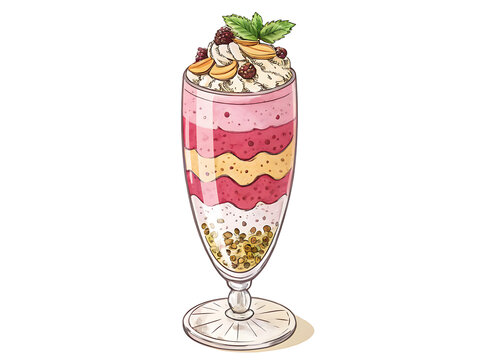 Falooda colorful Indian falooda dessert in a tall decorative glass, layers of vermicelli, rose milk, basil seeds, ice cream and nuts, premium vector style