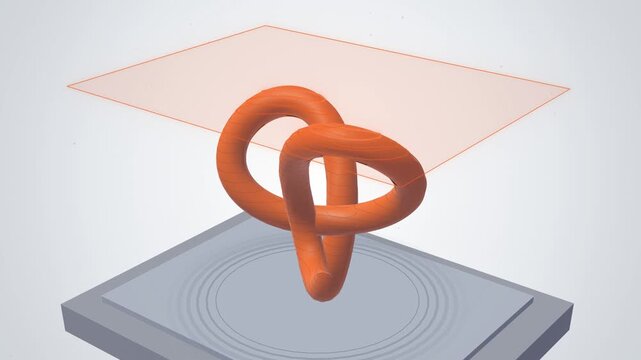 Wireframe knot model slicing into layers on white seamless loop