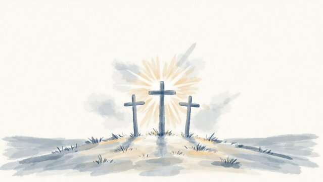 Watercolor of three crosses on a hilltop with a glowing sunburst background, and soft clouds, in the sky
