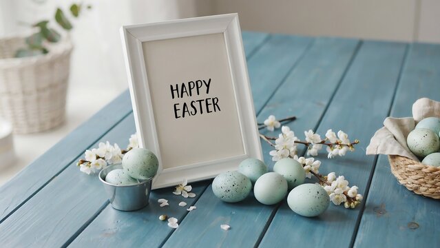 White frame with happy easter text surrounded by speckled eggs and white blossoms on a blue wooden table