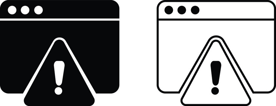 Website error warning icon set vector with browser window and exclamation triangle symbol. Internet page bug and system alert concept. Black solid and outline web error 
