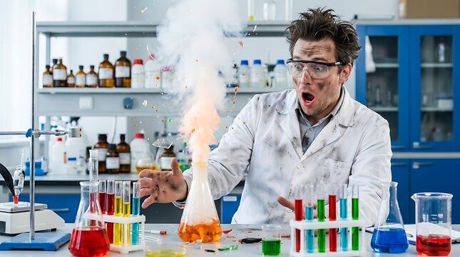 Shocked male scientist with soot on his face watching a colorful chemical explosion in a university chemistry lab