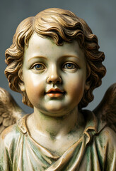 Fototapeta premium Spirituality and religion concept, close up portrait of a cherub angel statue with weathered stone texture and soft facial features in a classic style