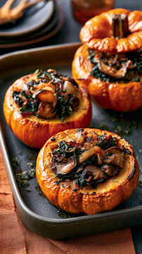 Mini pumpkins stuffed with saut&eacute;ed onion, mushrooms, and Swiss chard, creating a colorful and savory vegetarian dish perfect for autumn and holiday meals
