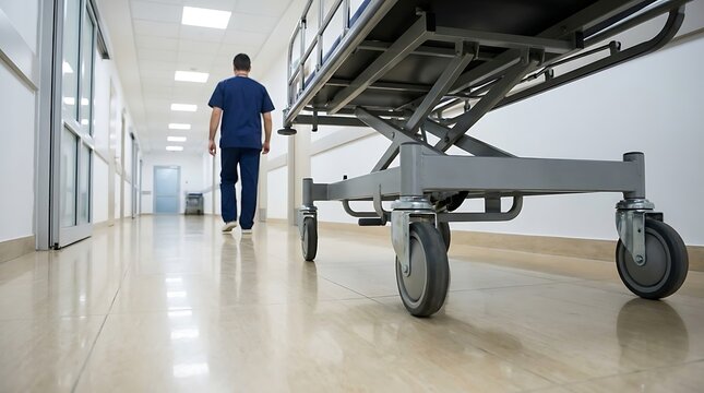 Medical walking down a bright hospital corridor past a stainless steel patient transport stretcher hallway