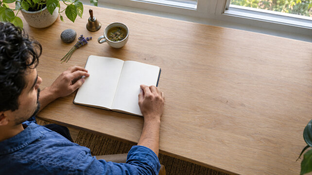 Young man at a sunlit home desk with a blank notebook