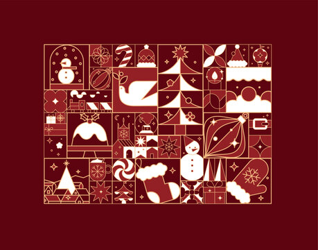Christmas poster art deco in flat line style drawing on red background.